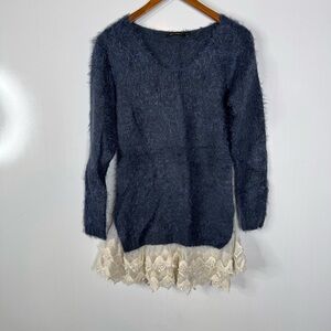 Qed London Fuzzy Blue Sweater with Lace Trim Size Small/Medium